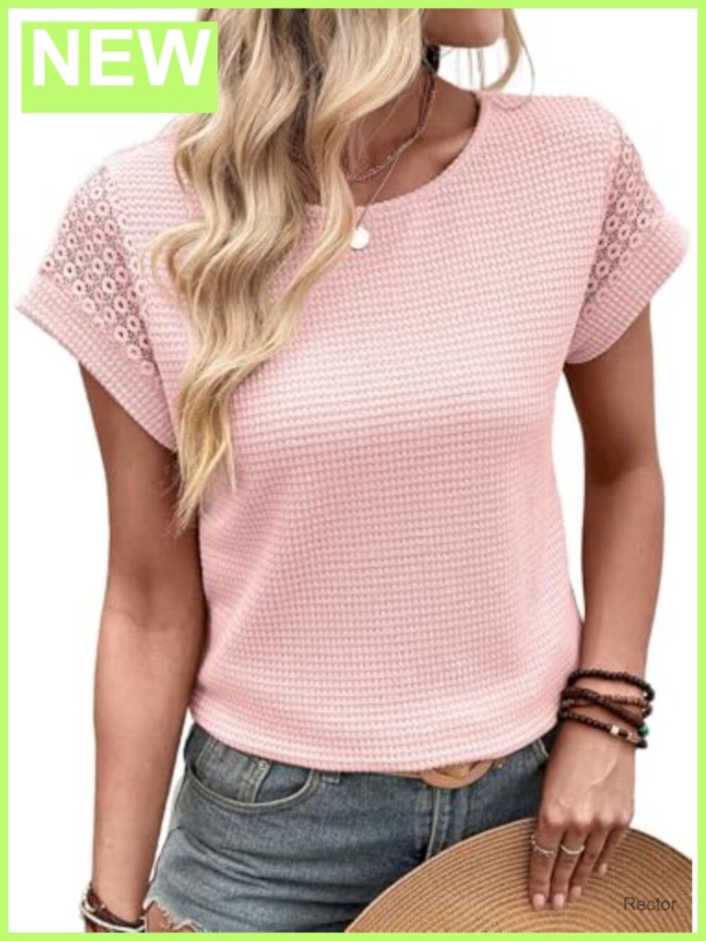 Waffle Knit Lace Short Sleeve Crewneck Loose Fit Casual Summer Tee
